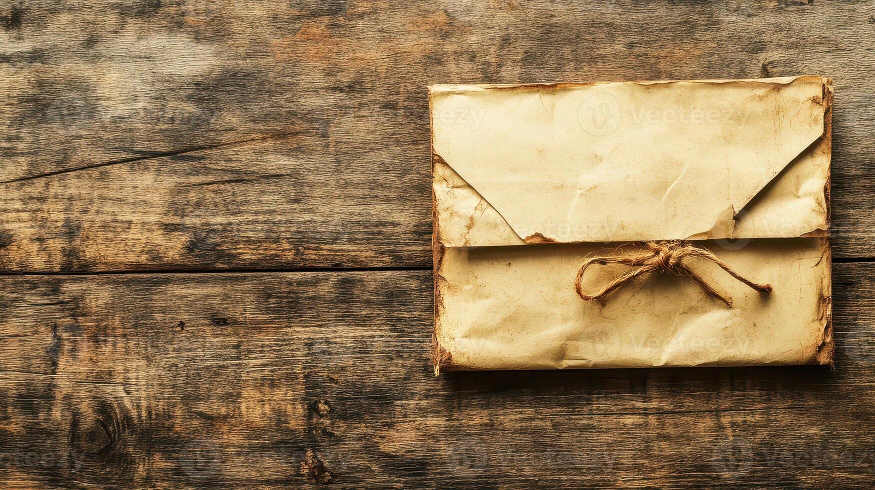 Old envelope on rustic wooden surface photo