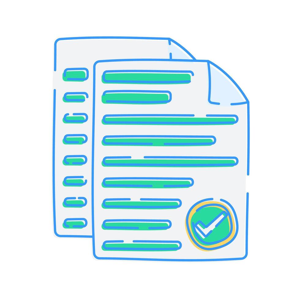 Folded Paper with Checkmarks, A paper icon with folded corner and multiple checkmarks. vector