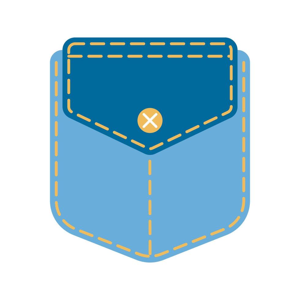 Denim patch pocket illustration stitching and button details. Perfect for fashion design and sewing projects. Ideal for digital and print use. vector