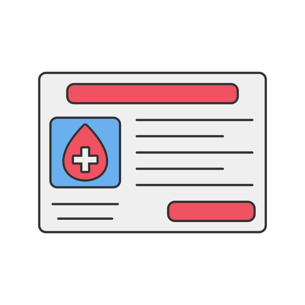 Blood Donation Card. Blood donor identification card with medical information. vector