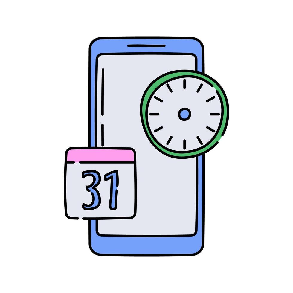 Smartphone Calendar Flat design style, smartphone with a clock and calendar showing the number 31, representing scheduling, ideal for time management apps, planners, and office UI. vector