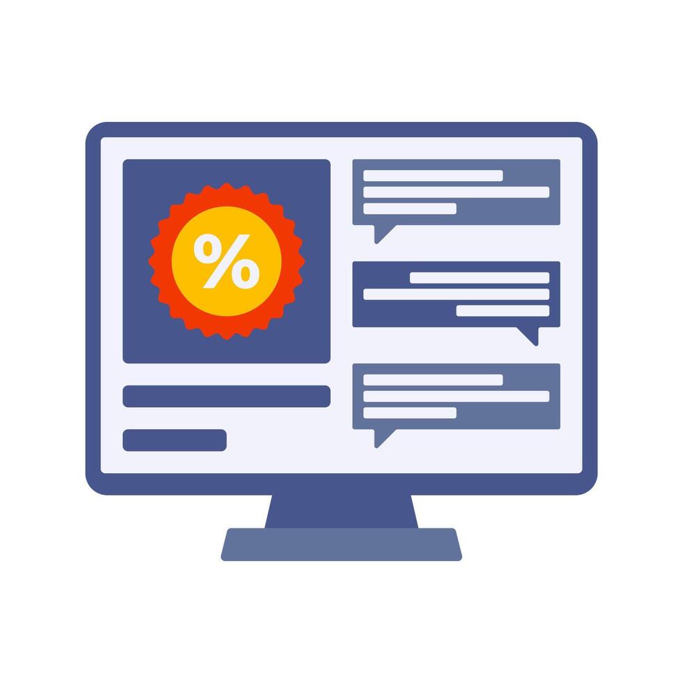 Discount Computer Flat design style, desktop screen showing a discount badge, representing promotions, ideal for online shopping, digital ads, and e-commerce visuals. vector