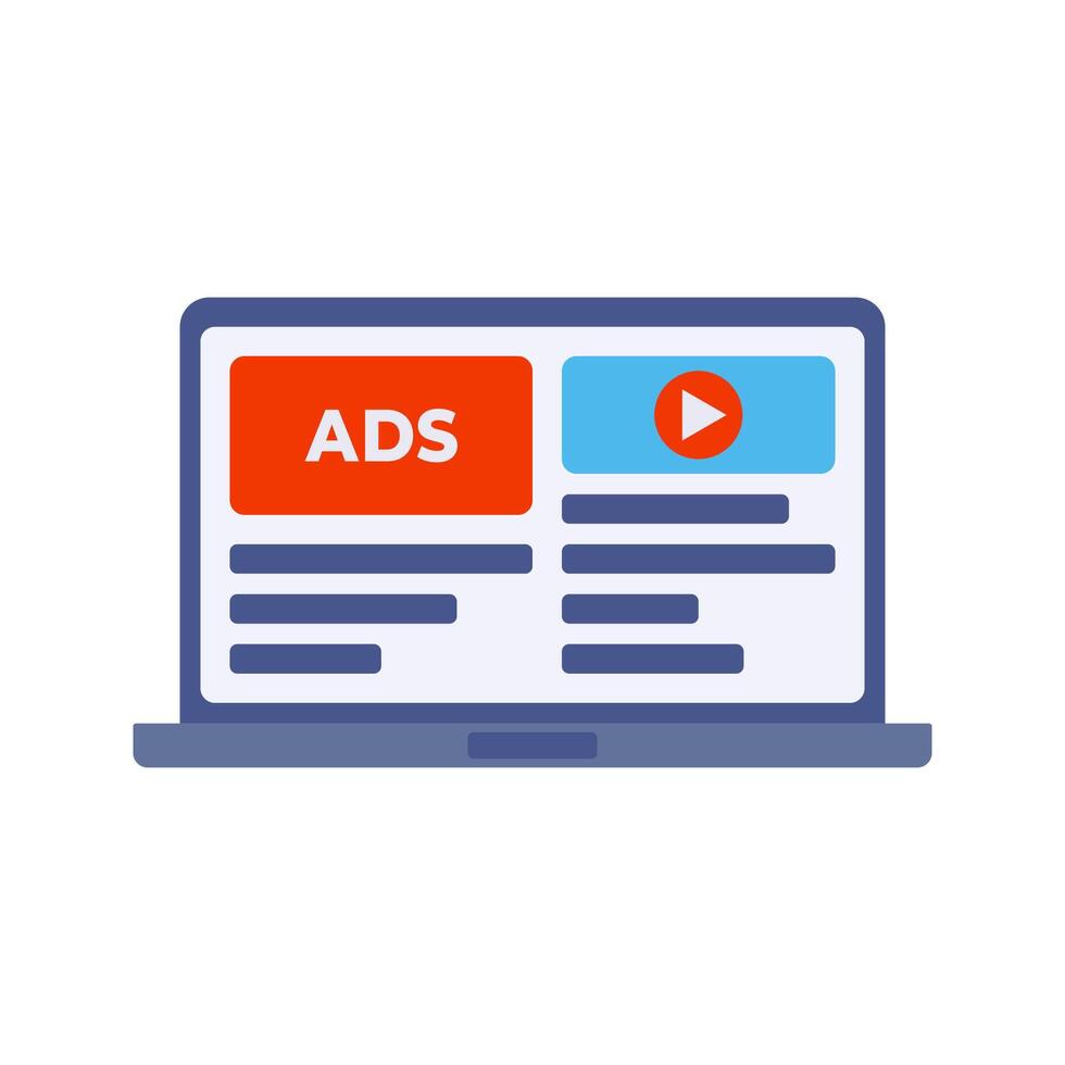 Laptop Ads Flat design style, laptop screen displaying advertisements, symbolizing online marketing, useful for business, digital ads, and e-commerce projects. vector