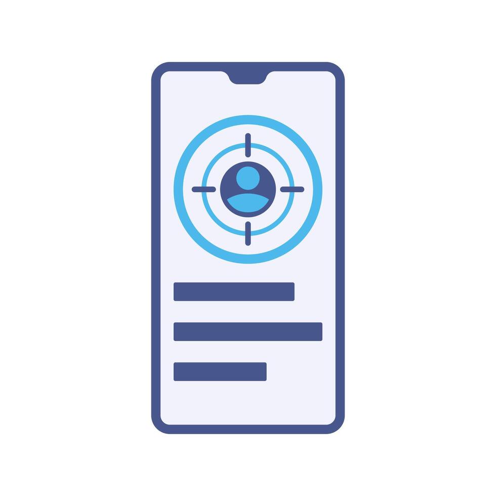 Target Smartphone Flat design style, smartphone screen with a target icon, representing audience targeting, ideal for advertising, business, and customer analytics. vector