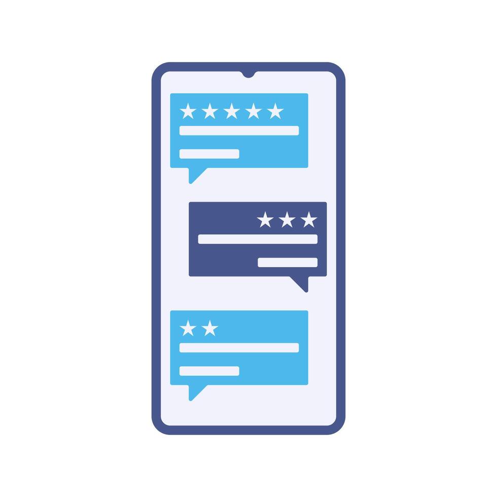 Review Smartphone Flat design style, smartphone screen with customer reviews, symbolizing feedback and ratings, ideal for e-commerce, social media, and branding projects. vector