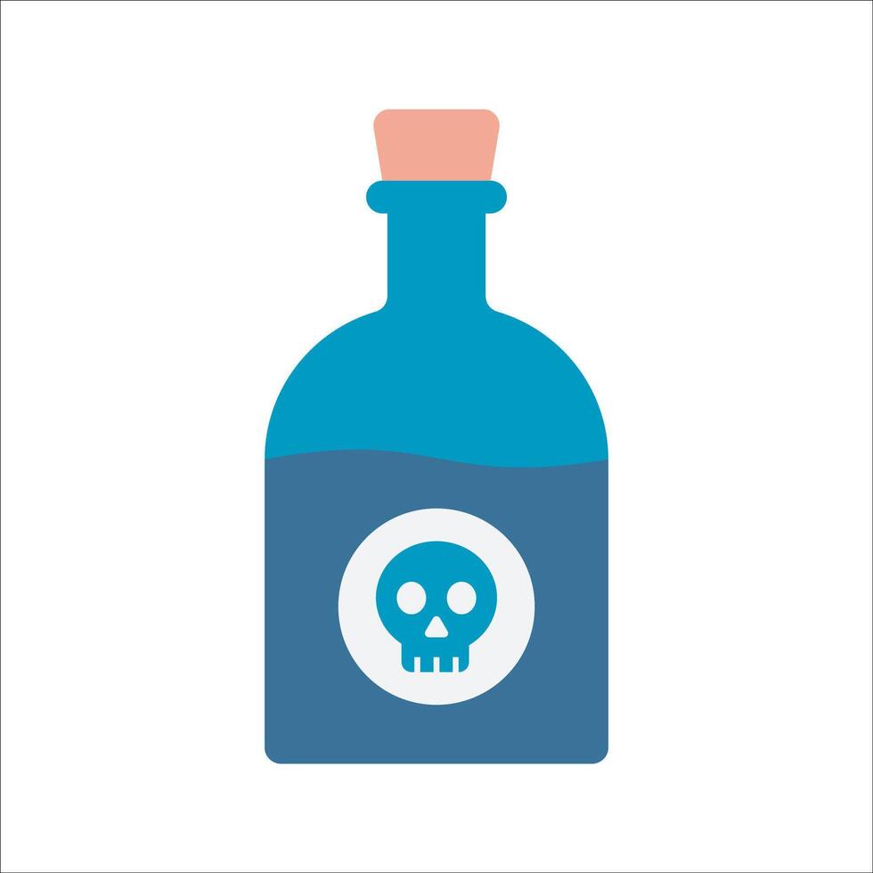 Poison Bottle Flat design style, blue bottle with a skull label, great for toxic substances, warning designs, and pharmaceutical illustrations. vector