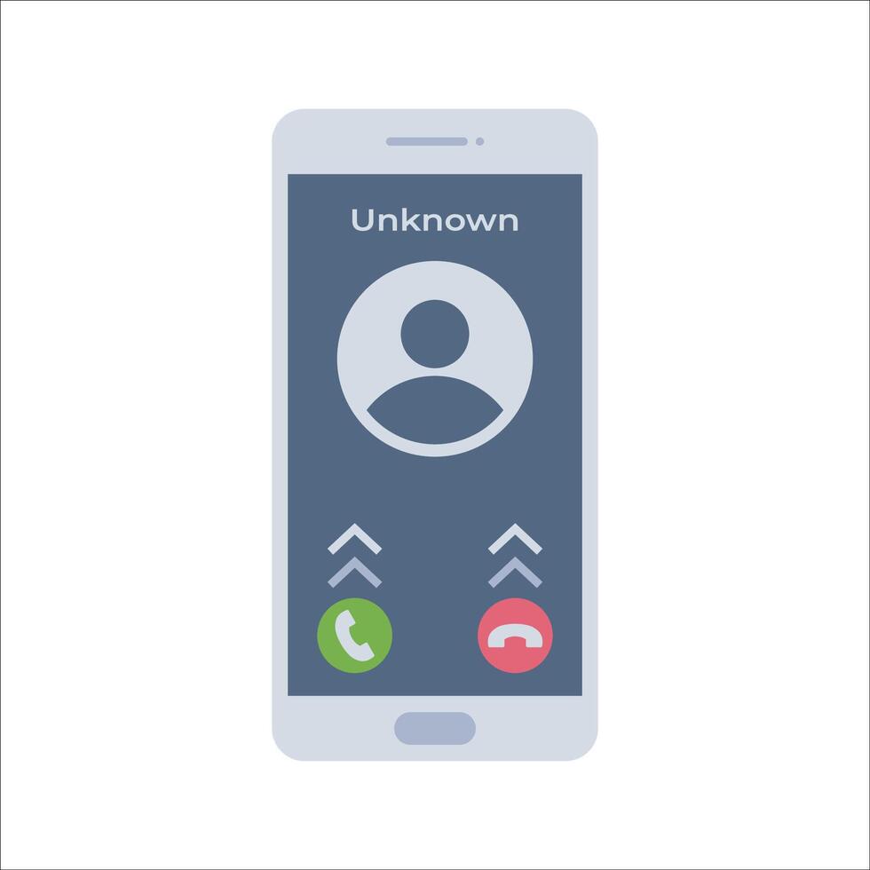 Incoming Call Flat design style, smartphone screen with an unknown caller ID, representing phone calls, useful for mobile communication designs, security themes, and telecom projects. vector