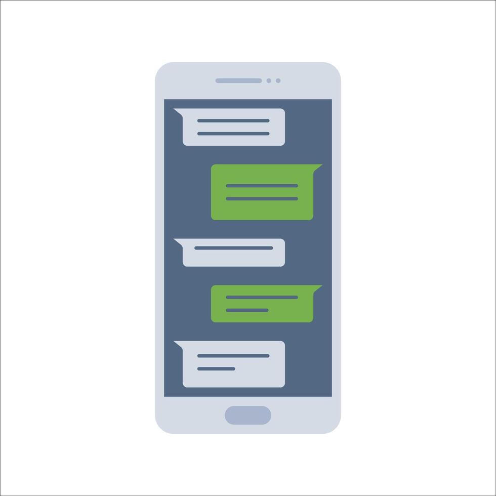 Messaging App Flat design style, smartphone screen with chat bubbles, depicting instant messaging, great for social media, online communication, and mobile technology illustrations. vector