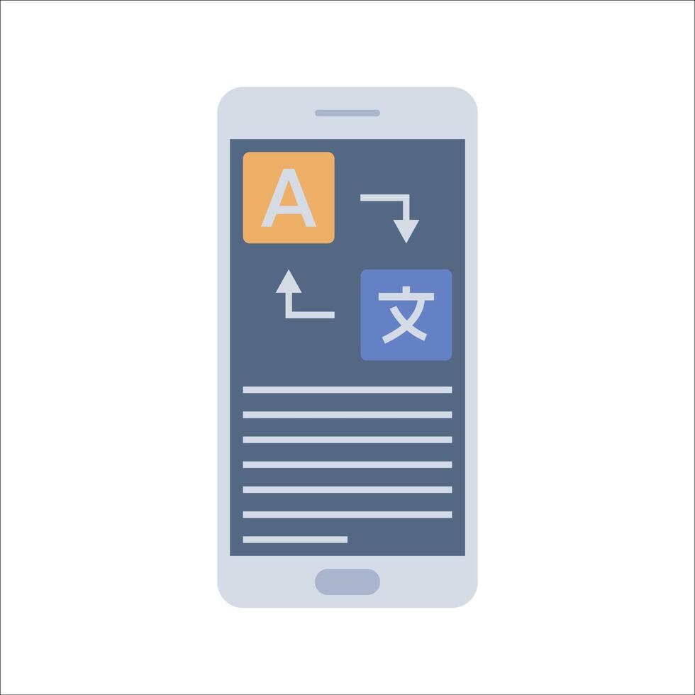 Translation App Flat design style, smartphone screen with translation symbols, illustrating language translation, useful for global communication, app designs, and digital interaction concepts. vector
