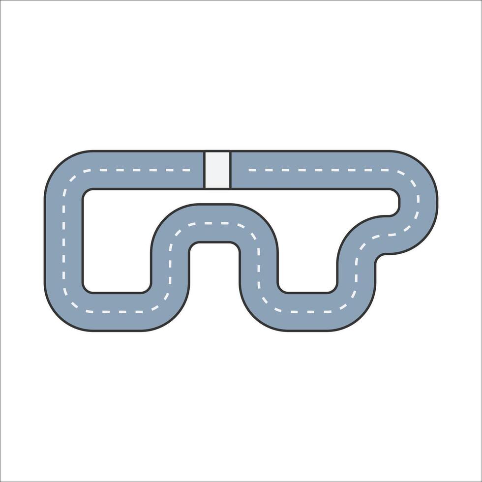 Race Track Flat design style, gray winding race track with white markings, symbolizing RC racing circuits, ideal for toy branding, racing visuals, and automotive-themed graphics. vector