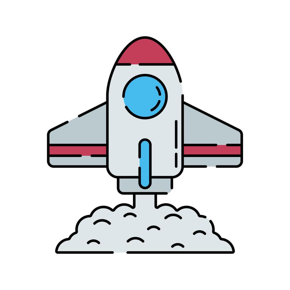 Rocket Launch Flat design style, red and white rocket blasting off with smoke, symbolizing space missions, exploration, and future technology, perfect for innovation and science graphics. vector