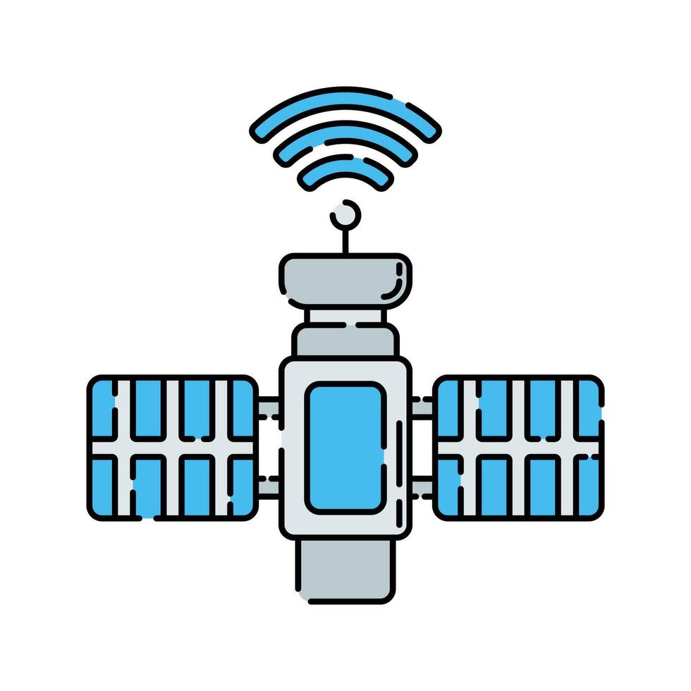 Satellite Flat design style, blue and white orbiting satellite with signal waves, representing global communication and navigation, ideal for technology visuals, maps, and space themes. vector