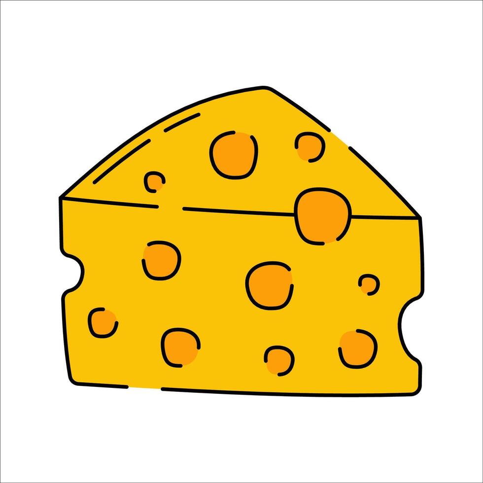 Cheese Doodle style, a yellow cheese block with holes, representing dairy products, great for food packaging, culinary guides, and cheese shop branding. vector