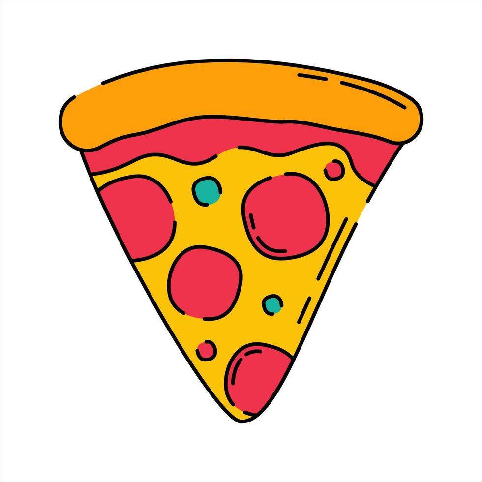 Pizza Doodle style, a slice of pizza with cheese and pepperoni, symbolizing Italian cuisine, ideal for food delivery, menu design, and restaurant branding. vector