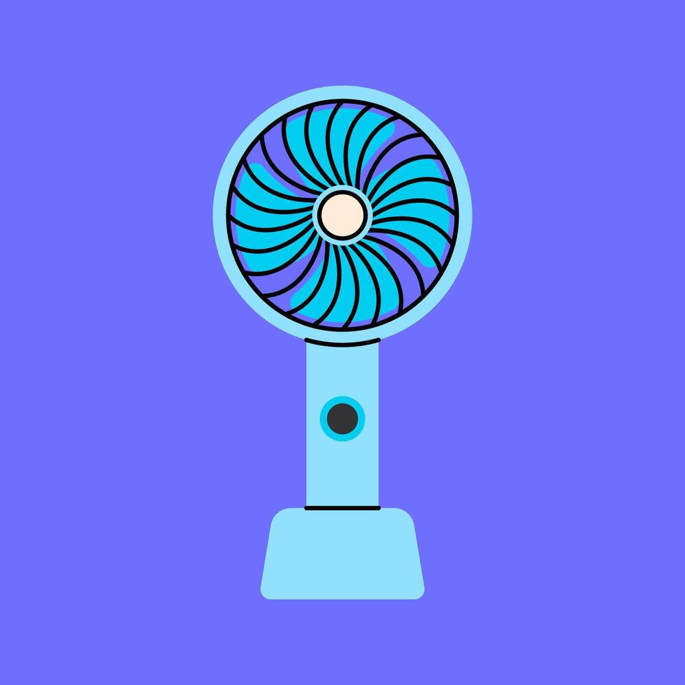Portable Fan Flat design style, small handheld fan with a power button, useful for summer graphics, travel-related visuals, and personal cooling designs. vector
