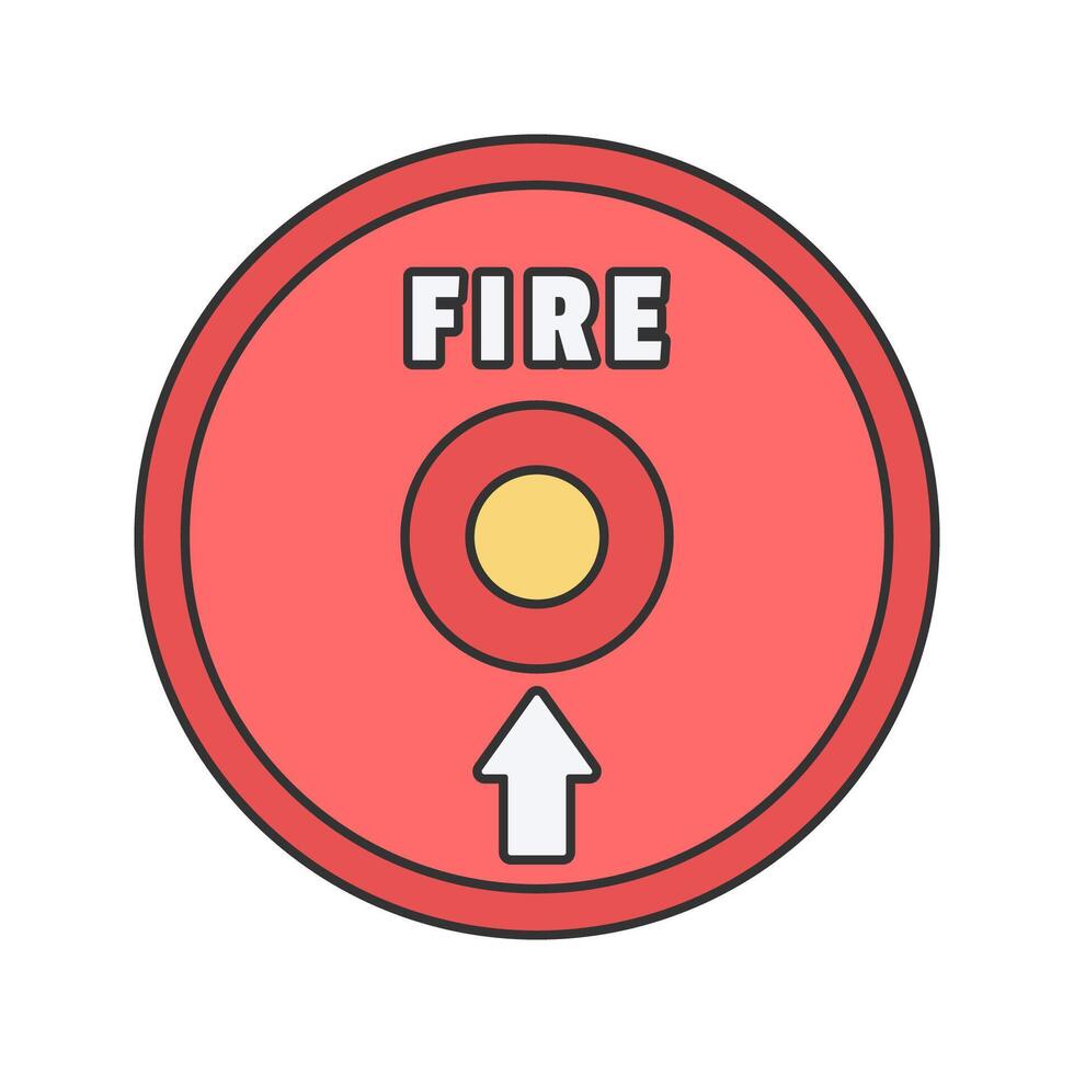 Fire Alarm Button Flat design style, red circular alarm with Fire text and arrow, representing emergency fire response, suitable for safety signs, fire drill materials, and hazard warning graphics. vector