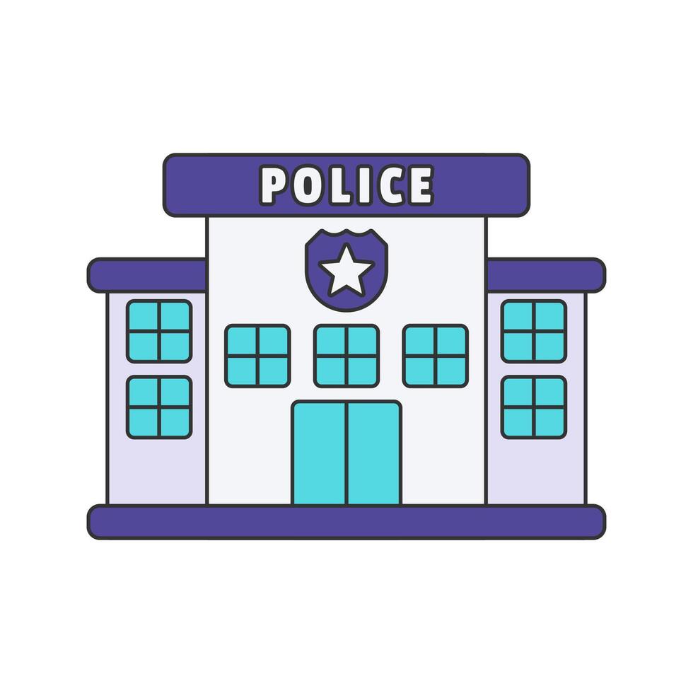 Police Station Flat design style, blue law enforcement building with a star badge, representing public security, ideal for police graphics, safety awareness, and justice system illustrations. vector