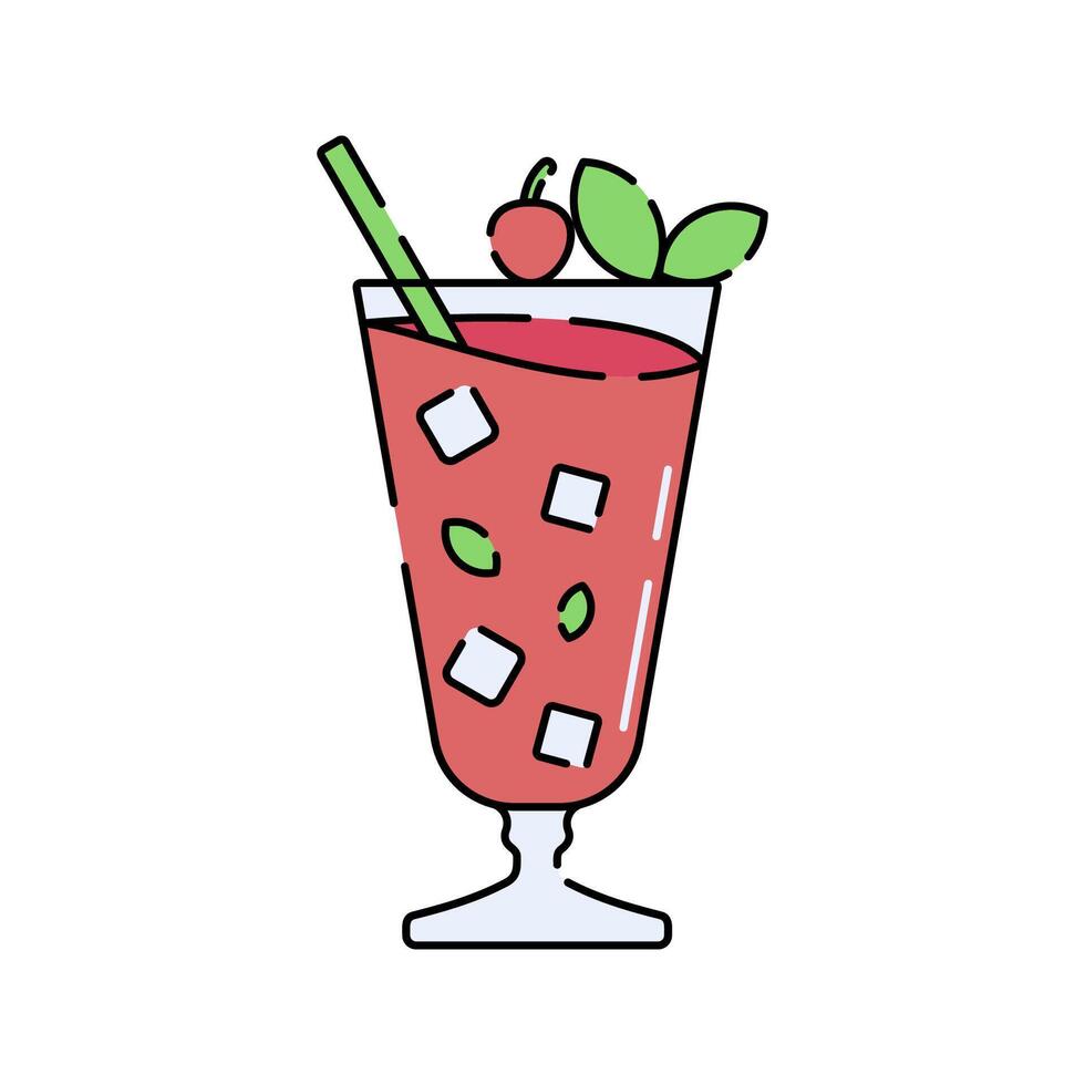 Cherry Drink Flat design style, red drink with cherry garnish and mint leaves, perfect for bar menus, cocktail posters, and fruity drink promotions. vector