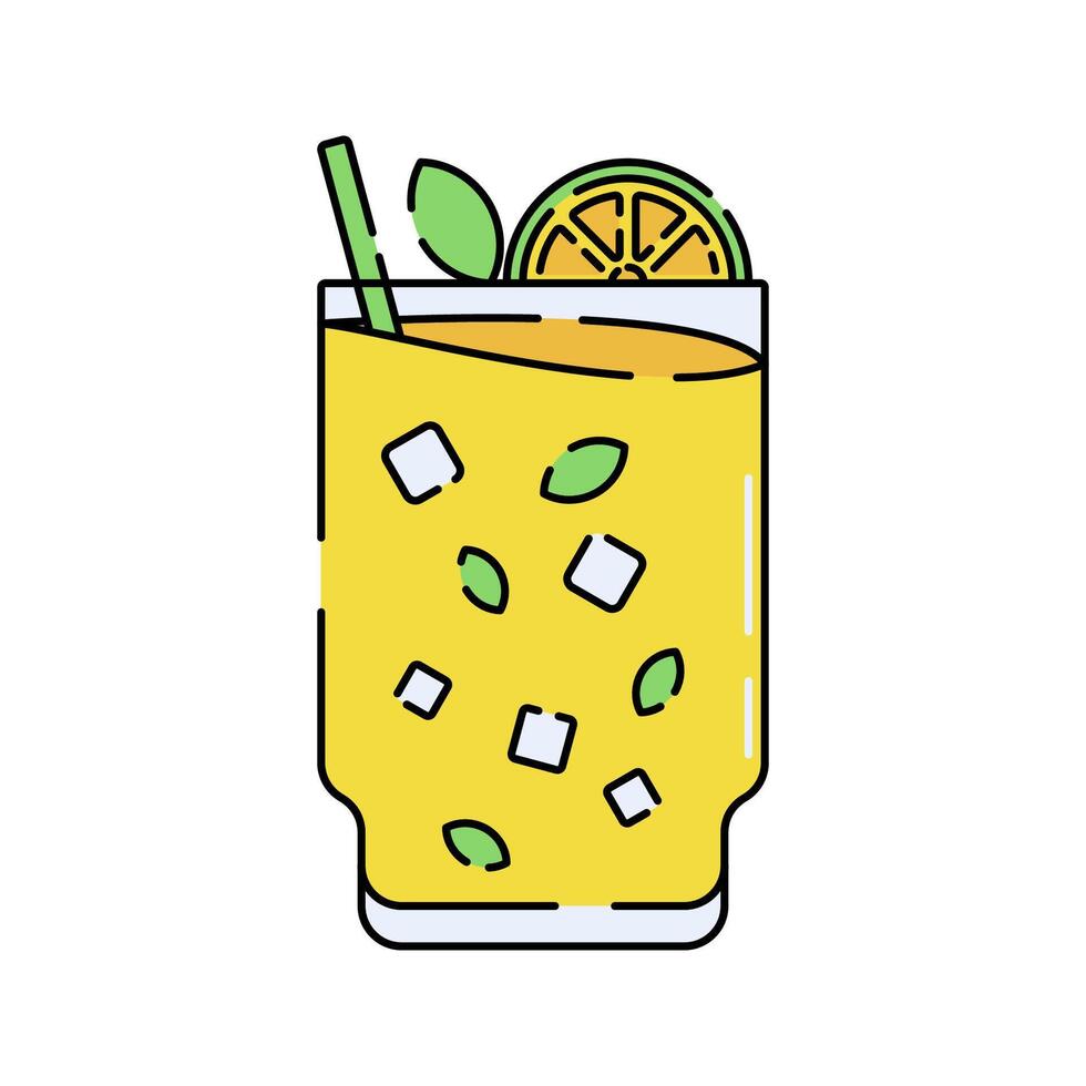 Lemon Drink Flat design style, yellow citrus drink with ice and mint in a glass, ideal for summer menu designs, cafe graphics, and tropical illustrations. vector