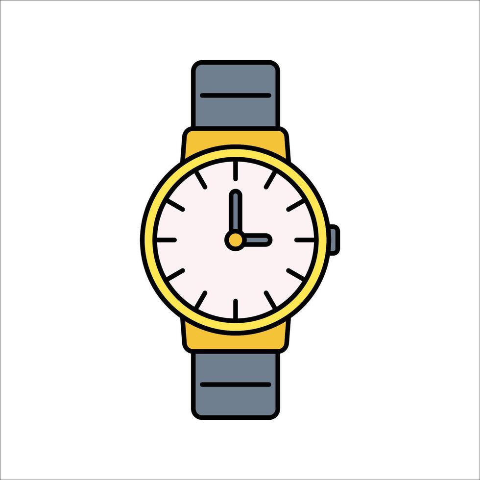 Watch Flat design style, wristwatch with golden frame, representing time and fashion accessory, ideal for lifestyle and shopping visuals. vector