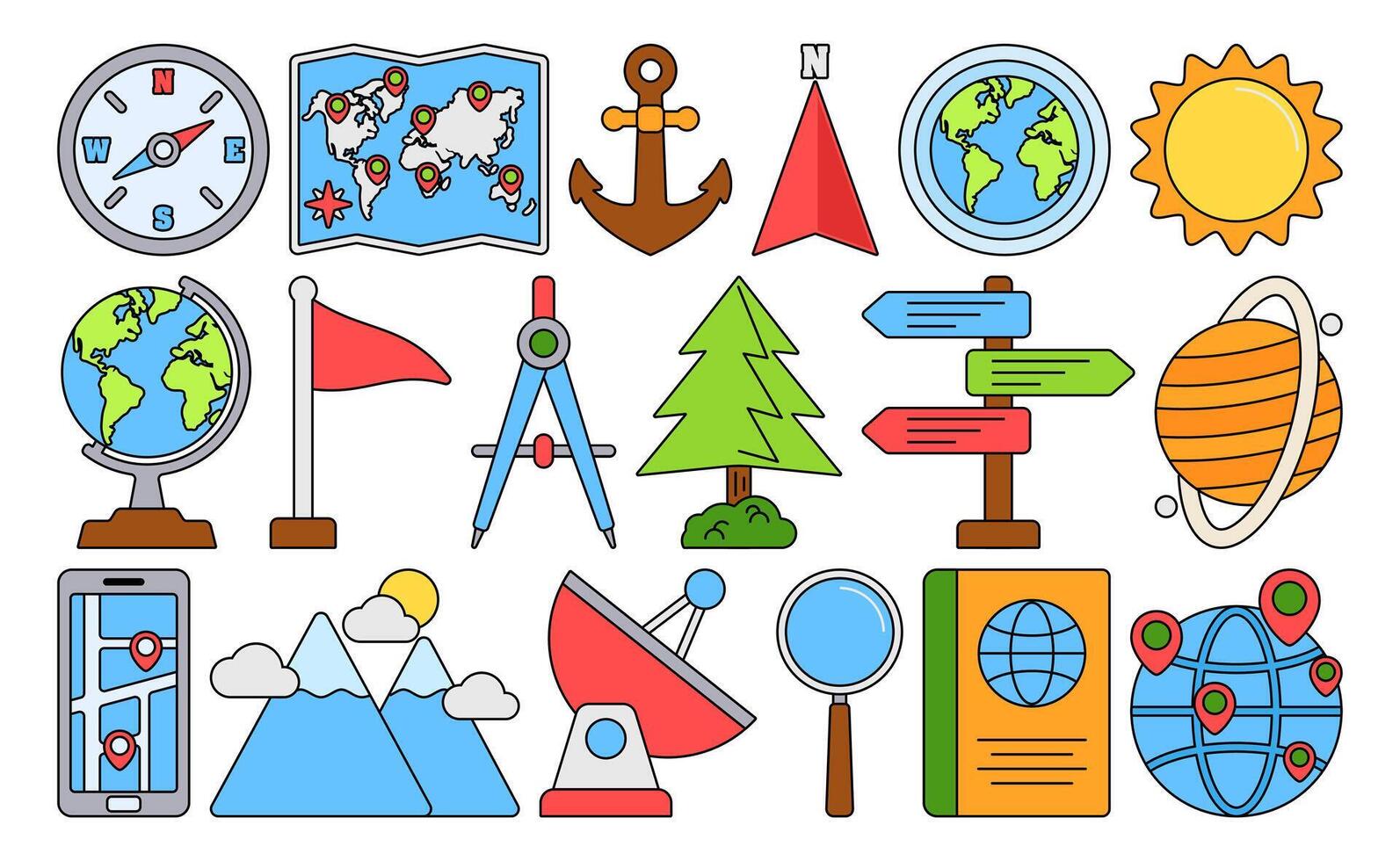Flat design style geography icons with maps, globes, direction tools, and location markers, perfect for travel, education, navigation, and discovery visuals. vector