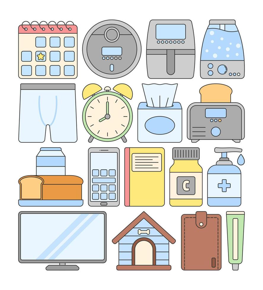 Everyday essentials icon set featuring household items calendar, alarm clock, tissue box, air fryer, toaster, TV, pet house, hygiene items, and gadgets. Clean, colorful, and minimal design. vector