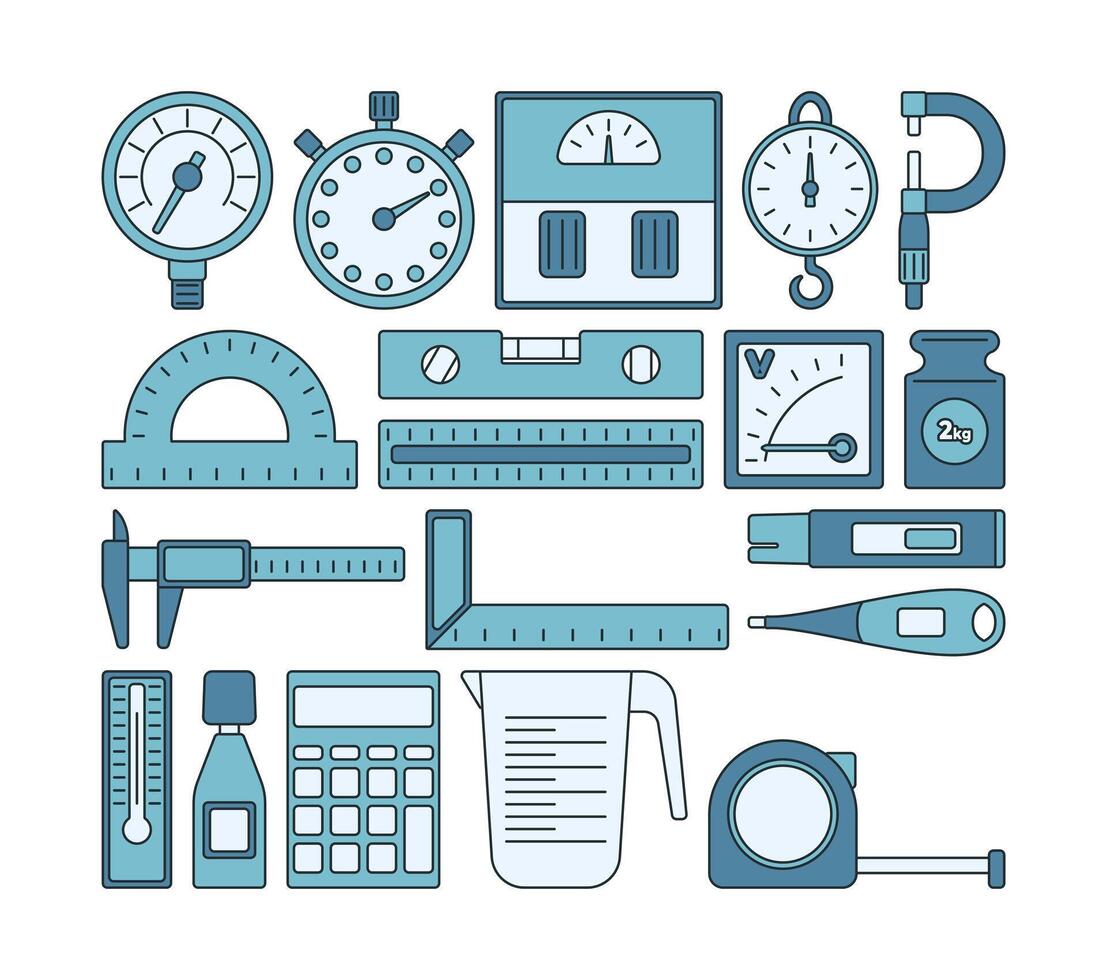 Flat style icons of various measuring instruments like scales, rulers, thermometers, and gauges. Perfect for engineering, science, or educational design projects. vector