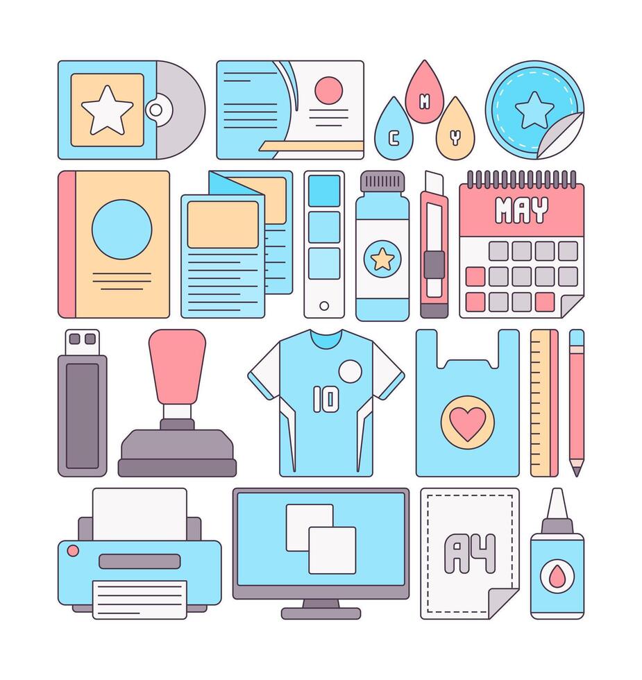 Printing Equipment Icon Illustration featuring tools like printer, ink, paper, and design elements. Perfect for design projects, print shops, or creative materials representation. vector