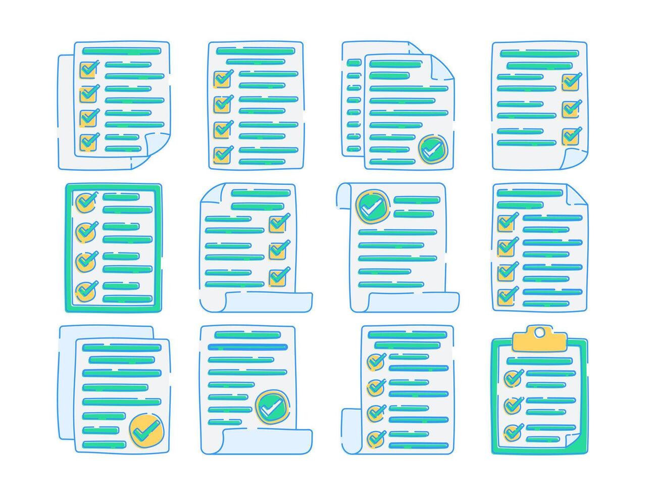 Set of complete task icons featuring documents with checkmarks, representing completion, approval, and organization. Ideal for productivity, planning, or checklist-themed designs. vector