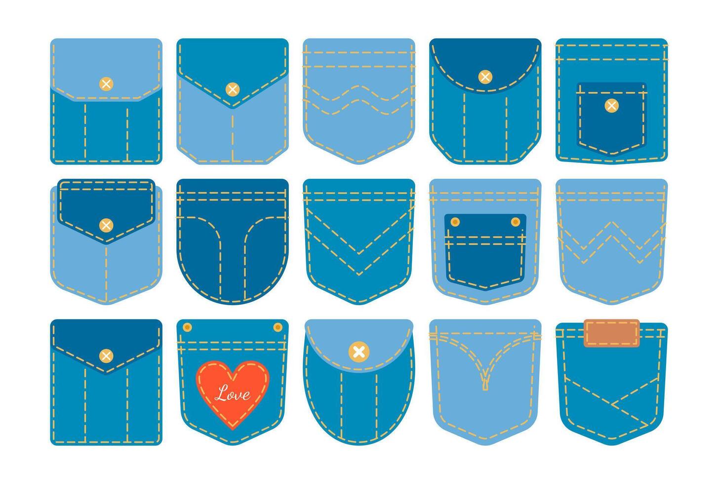 A collection of denim patch pocket illustrations with various designs, stitching, and button details. Perfect for fashion design, sewing projects, and apparel graphics. vector