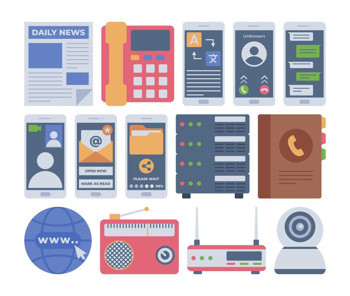 Communication Element Icons Flat design style, a collection of modern communication devices and digital tools, ideal for media, networking, and technology related projects. vector