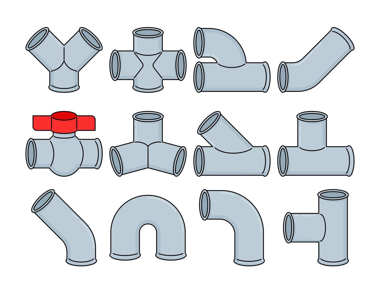 A set of water pipe connection illustrations in flat design style, featuring various pipe fittings and a valve, perfect for plumbing, engineering, construction, and industrial designs. vector