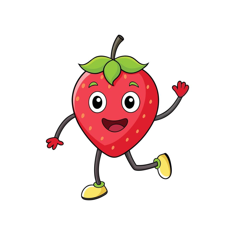 Cartoon strawberry character walking and waving on white background vector