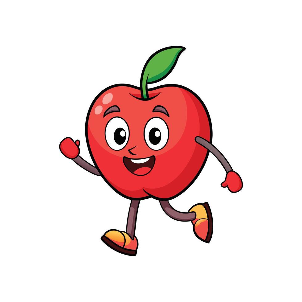 A cartoon style apple character is walking or running cheerfully. Isolated full body with white background. vector