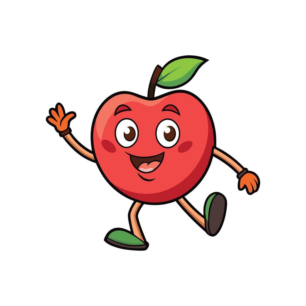 Cartoon apple character cheerfully walking with a waving gesture vector
