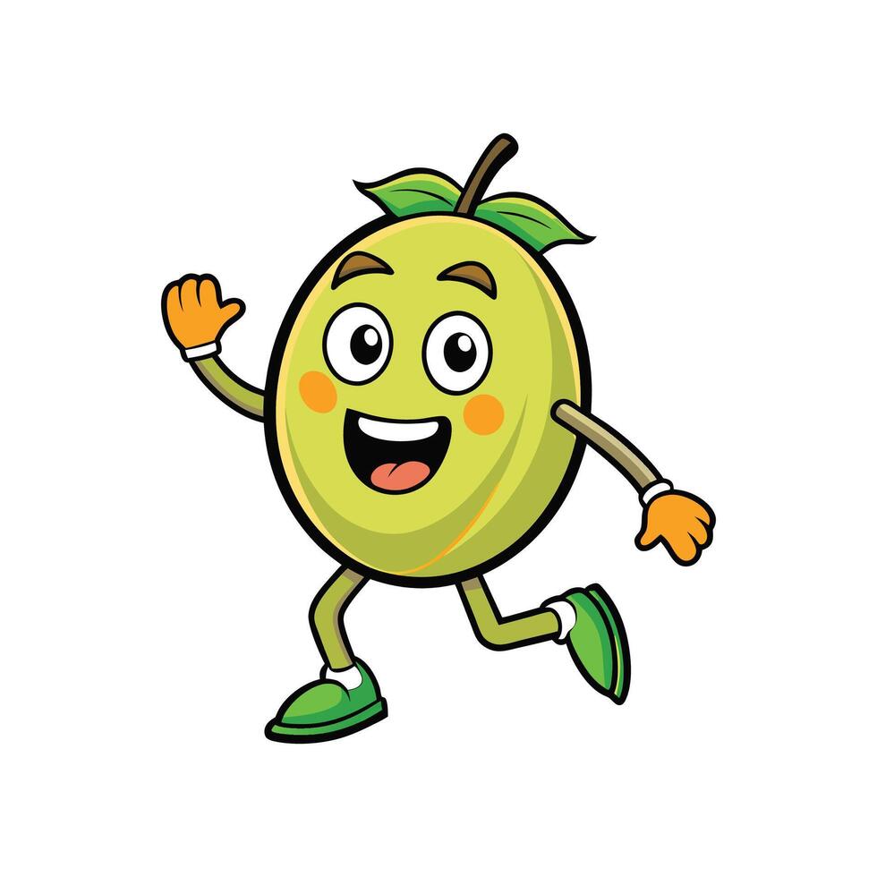 Cartoon Mango Character Running and Waving Hand on White vector