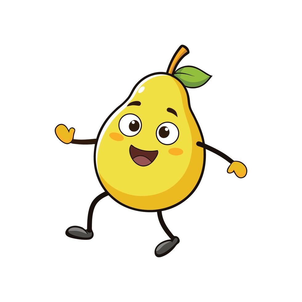 Cheerful cartoon pear character waving and walking happily vector