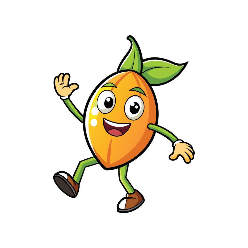 Cartoon mango character cheerfully waving and walking forward vector
