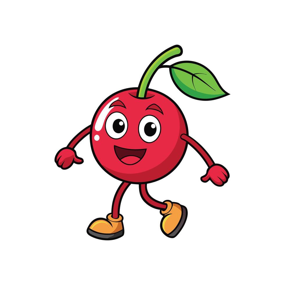 Cartoon cherry character walking with cheerful expression, flat style vector