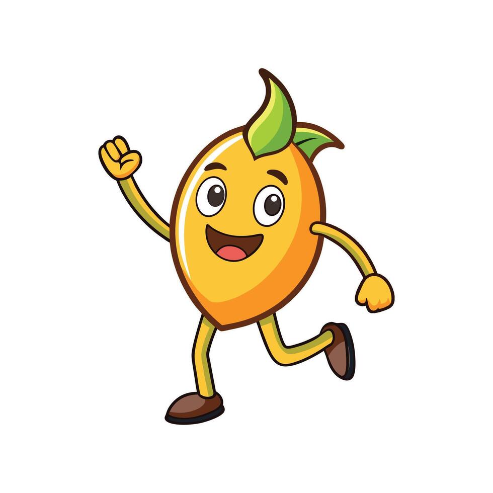 Cheerful mango cartoon character running and waving on white vector