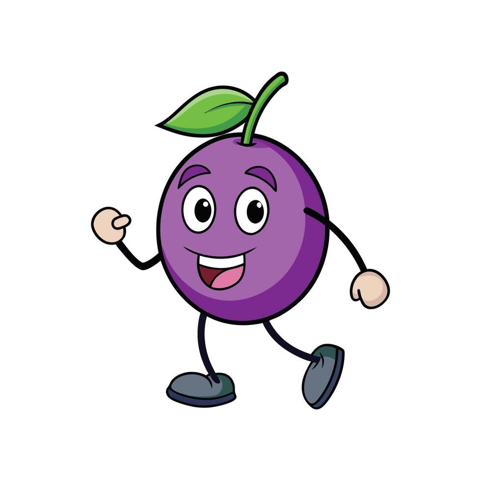 Smiling cartoon plum character walking with happy expression vector