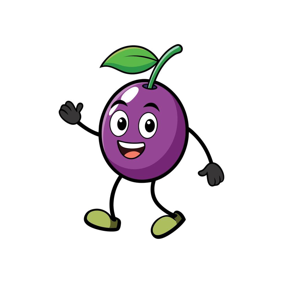 Happy plum cartoon character waving with cheerful expression vector