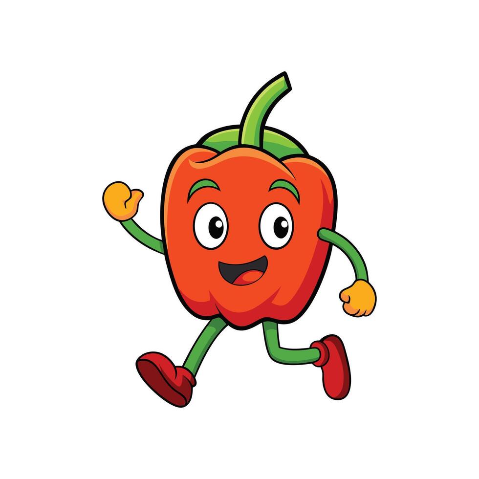 Cartoon running red pepper character smiling isolated on white vector