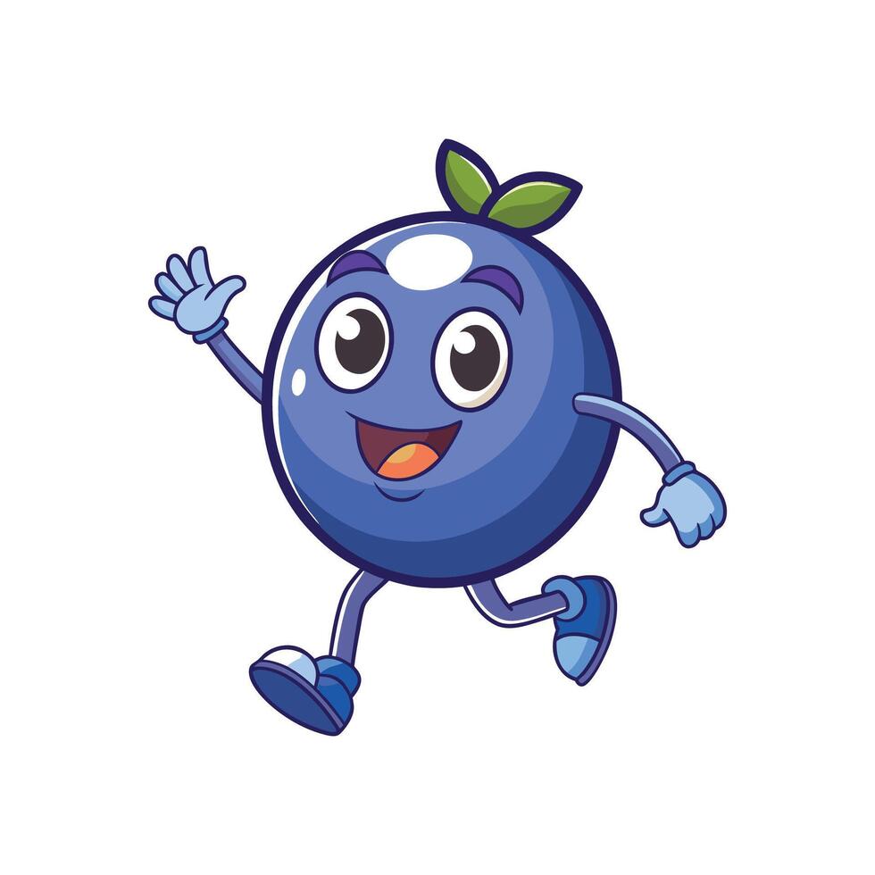 Friendly blueberry character runs and waves. Cartoon style illustration with cheerful and vibrant colors, isolated on a white background. vector