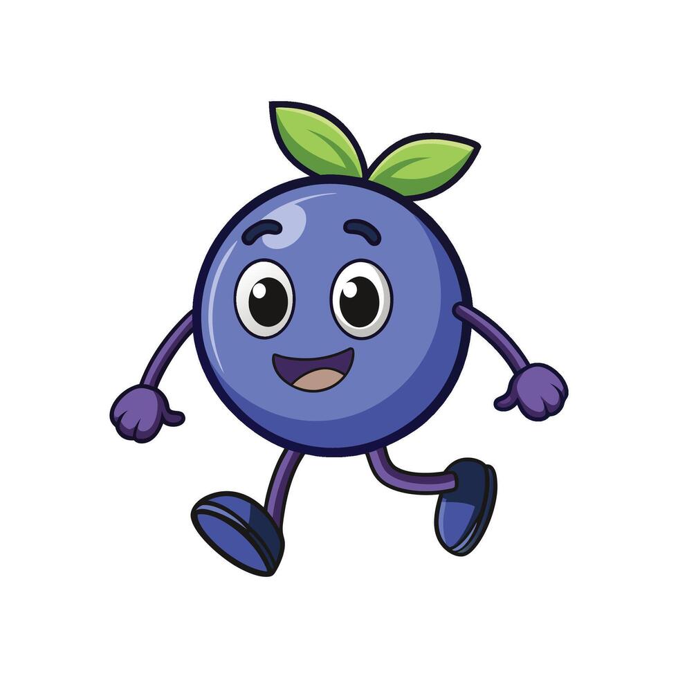 Cheerful blueberry cartoon character happily walking on a white background vector