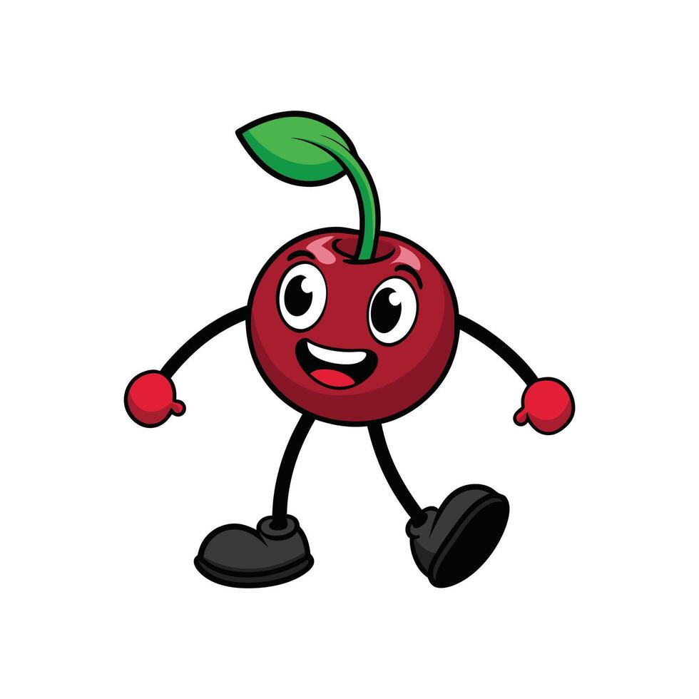 Cartoon cherry character walking with smiling expression on white vector