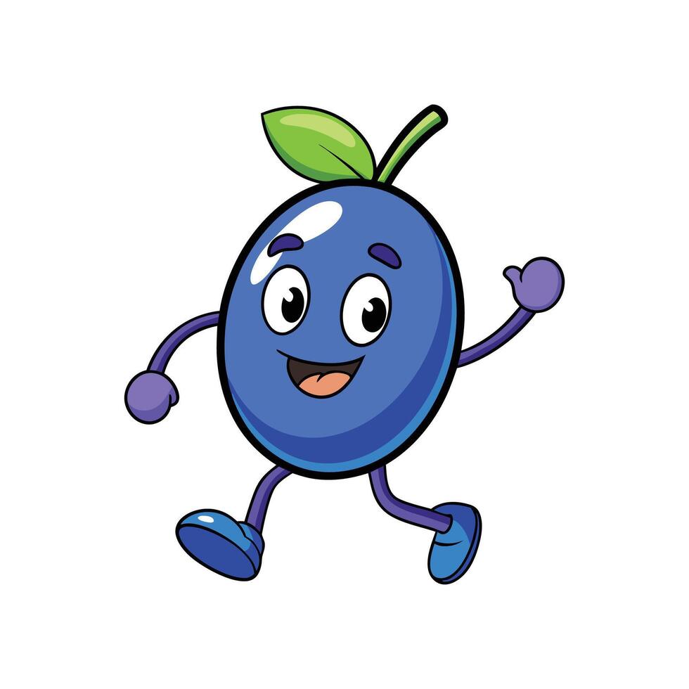 Cartoon blueberry character running cheerfully with playful facial expression vector