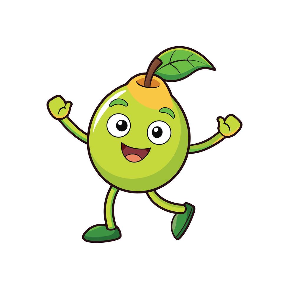 Cartoon pear character happily walking with arms raised up vector