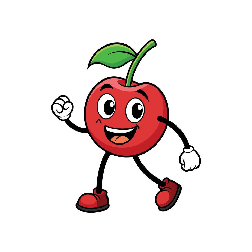 Cartoon cherry character walking joyfully on white background vector