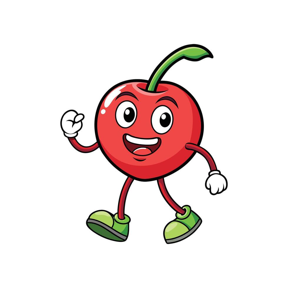 Cartoon walking cherry fruit character with happy face vector